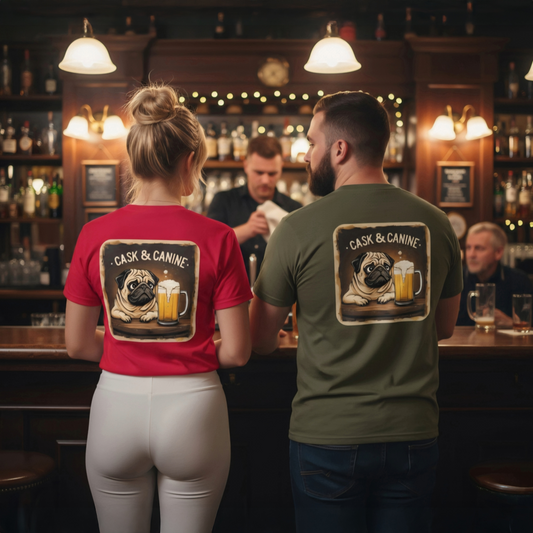 Unisex garment-dyed heavyweight tee cask & Canine Pug pint