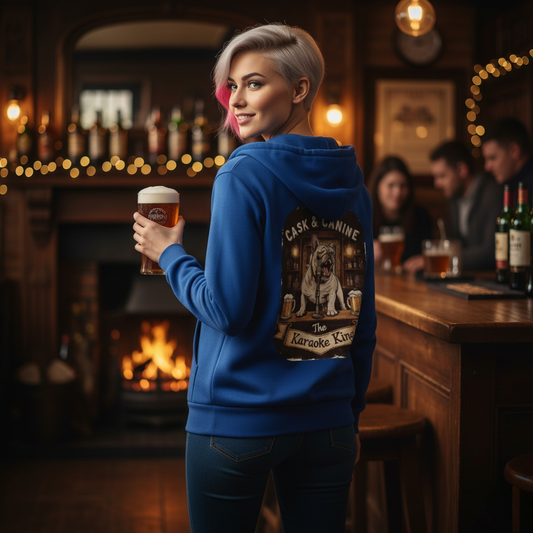 Unisex heavy blend zip hood top, cask and canine karaoke king