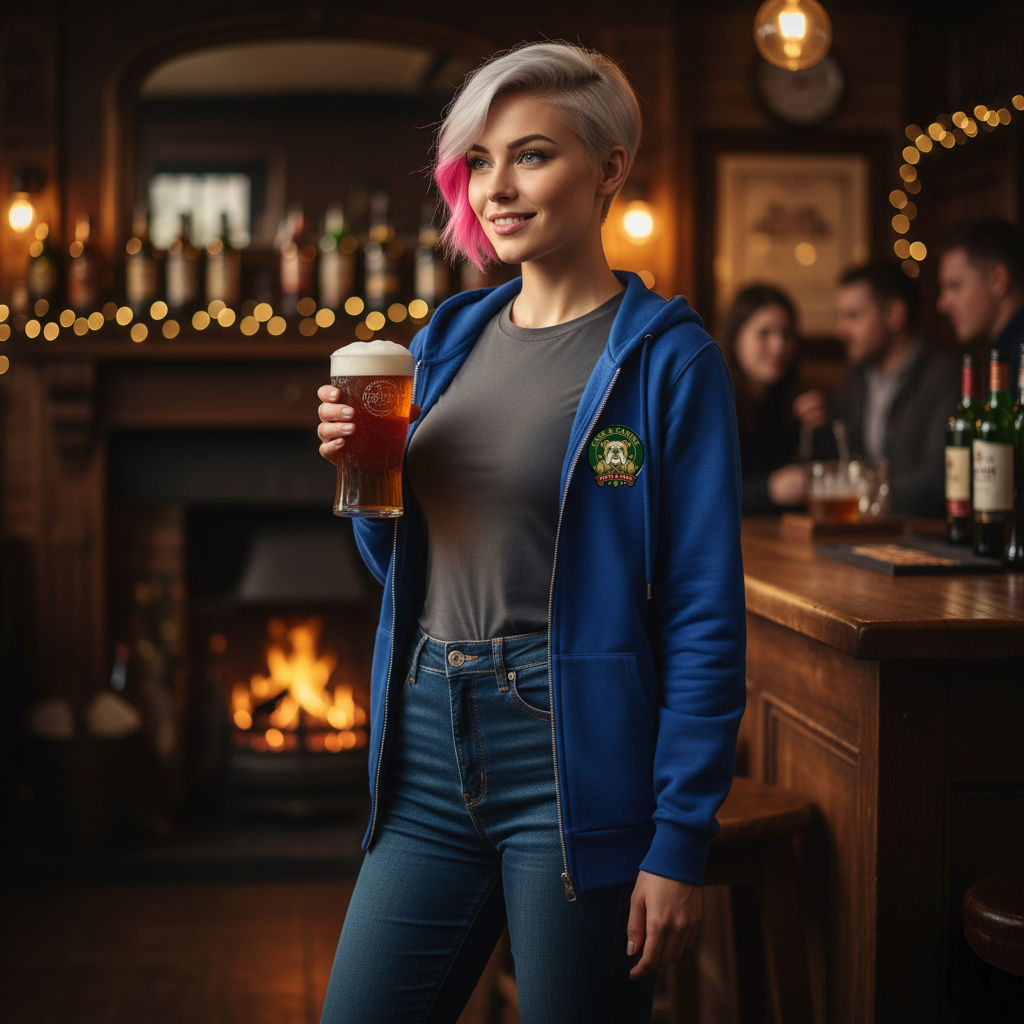 Unisex heavy blend zip hood top, cask and canine karaoke king